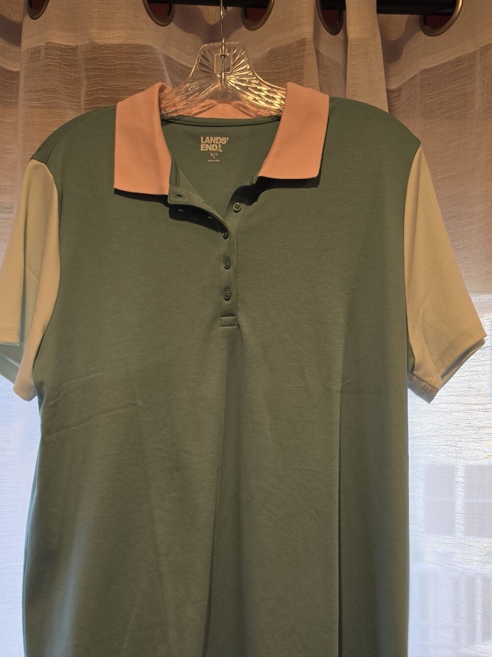 Lands' End Green Polo with Peach Collar and Tan Sleeves